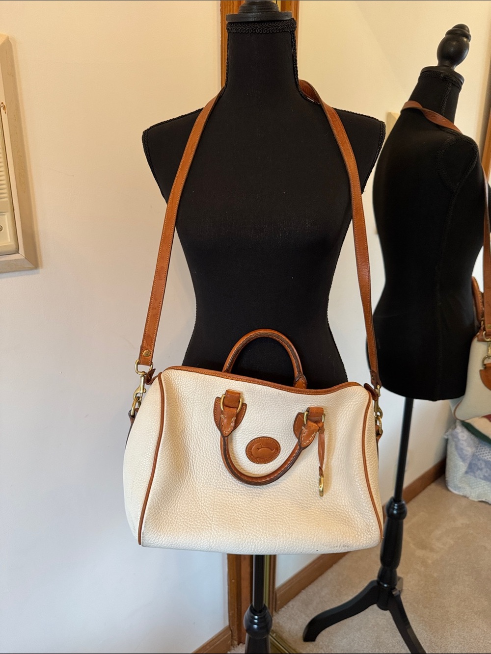 Dooney & Bourke Cream Pebble Leather Satchel with Tan Trim and Strap
